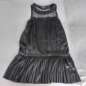Black Satin Pleated Dress – Sleeveless, Sheer Neckline, Elegant Fit